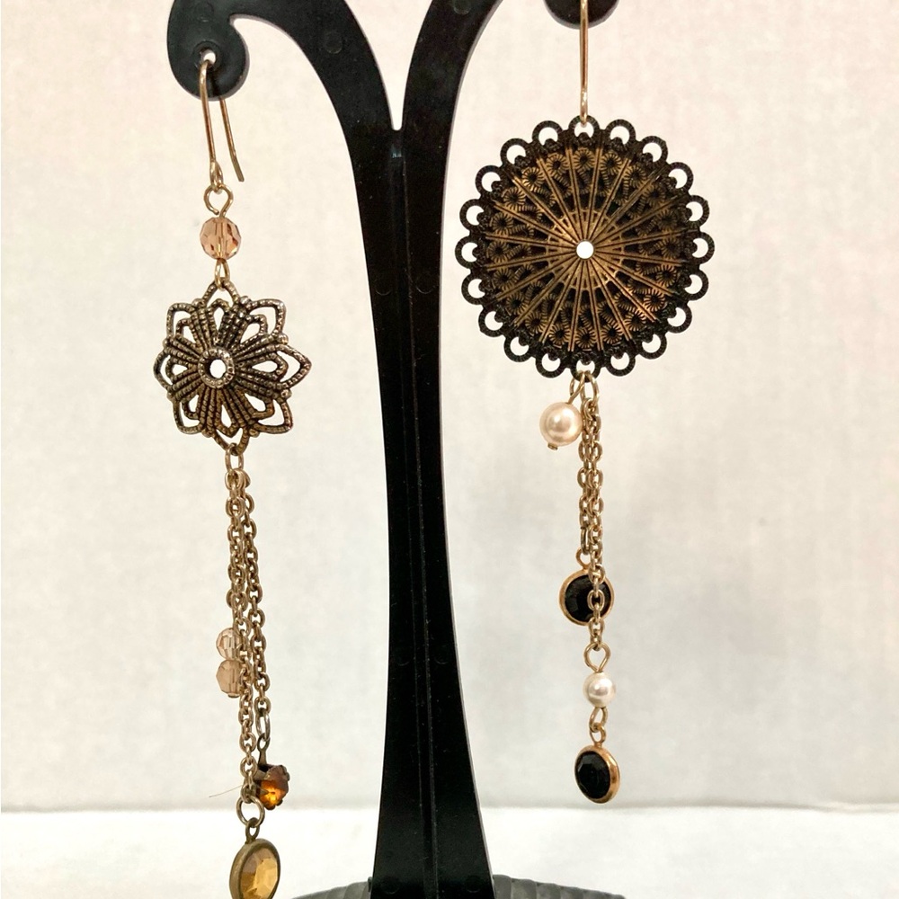 MIis match earrings OOAK Whimsy Gold Black Dangle